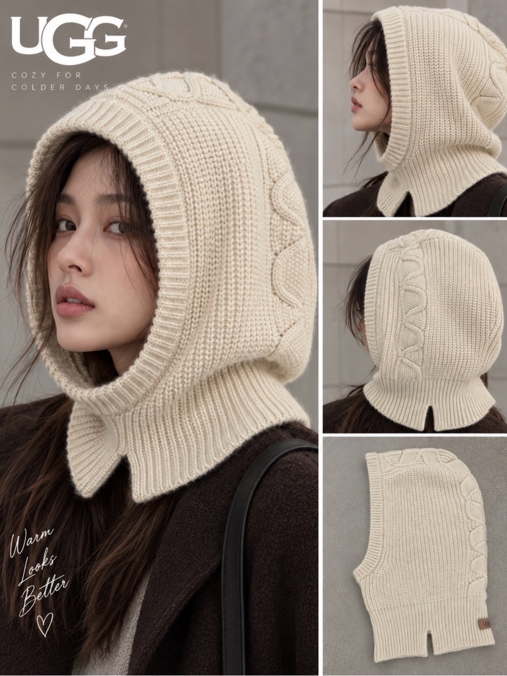 UGG Cream Chunky Cable Knit Balaclava Hood Neck Warmer